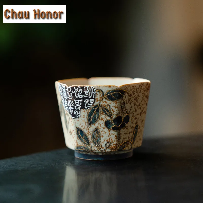 70ml Blue And White Flint Red Teacup Handmade Gold Drawing Branch Lotus Tea Bowl Japanese Set Of Cups Meditation Cup Drinkware