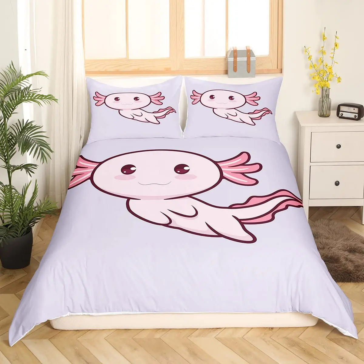 Loussiesd Set Biancheria Letto Per Bambini Axolotl 135x200 – Copripiumino Con Simpatica Salamandra – Microfibra Morbida – Regalo Per Cameretta