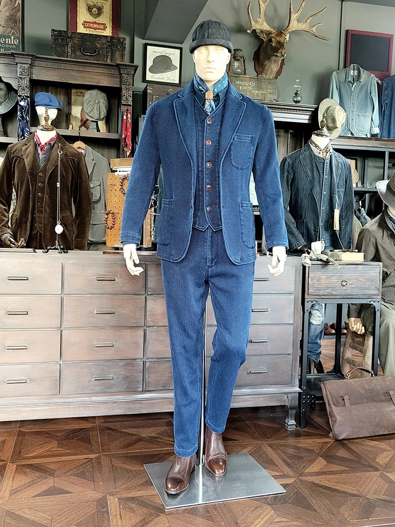 Men's Suit Blazer Indigo Blue Sashiko 12.5oz Regular Fit 3 Pockets Casual Business Vintage Jacket Designer Clothes 4