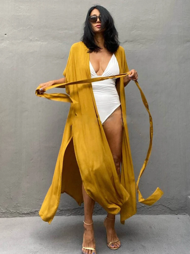 Swimsuit Cover Ups for Women Beach Cape Tunic Kimono Summer Belted Split Wrap Dresses Pareo Holiday Bathing Suits Factory Supply