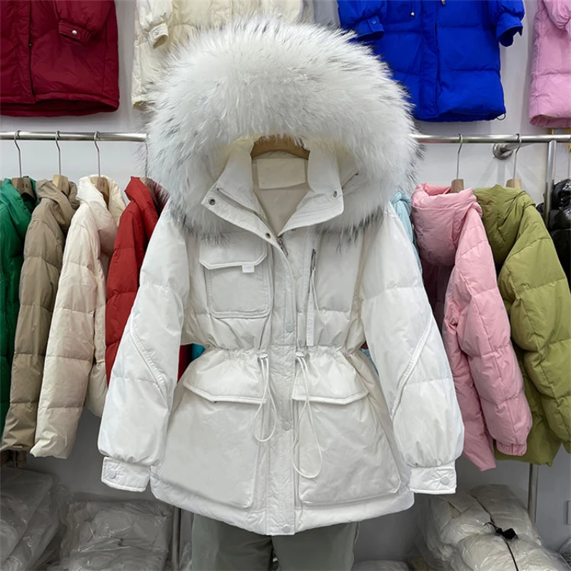 

Winter Women's Mid-length Down Jackets Female Zipper Black Fur Hooded Thick Coat Ladies Pocket Casual Outerwear G932