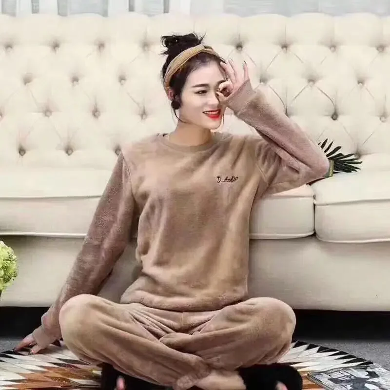 Women's Winter Pajamas Set Coral Fleece Home Set Thick Keep Warm Loose Korean Soft Men's and Women's Pajamas Set