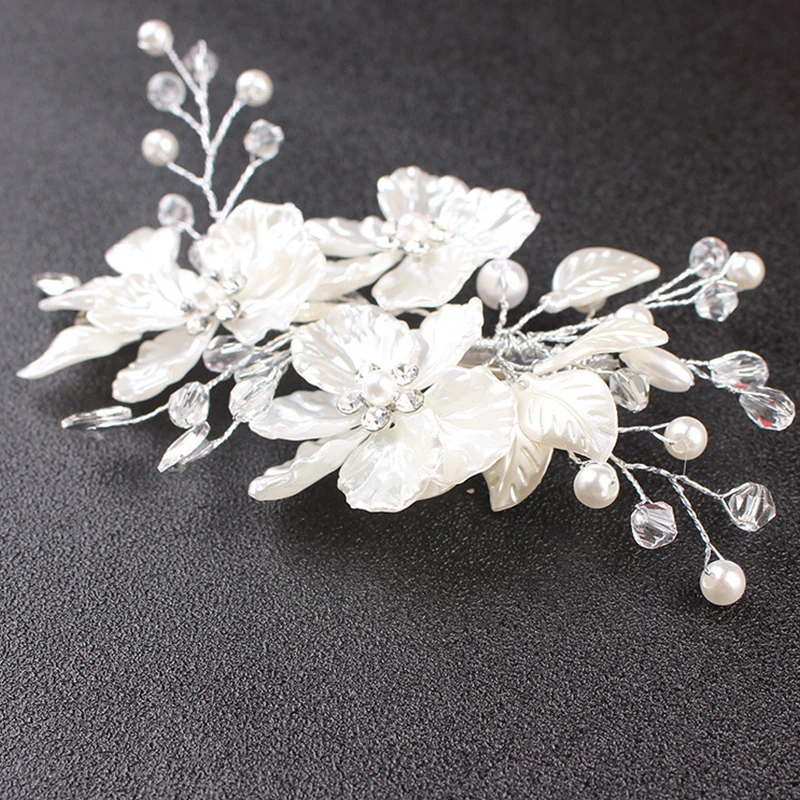 Bridal Tiara White Shell Petals Handmade Pearl Crystal Hairpin Decoration