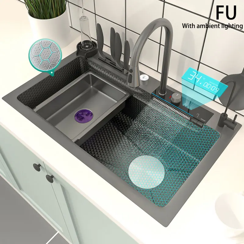 Stainless Steel Kitchen Sink Big Waterfall Sink Super Large Single-slot Household Wash Basin Multi-functional Washing Pond