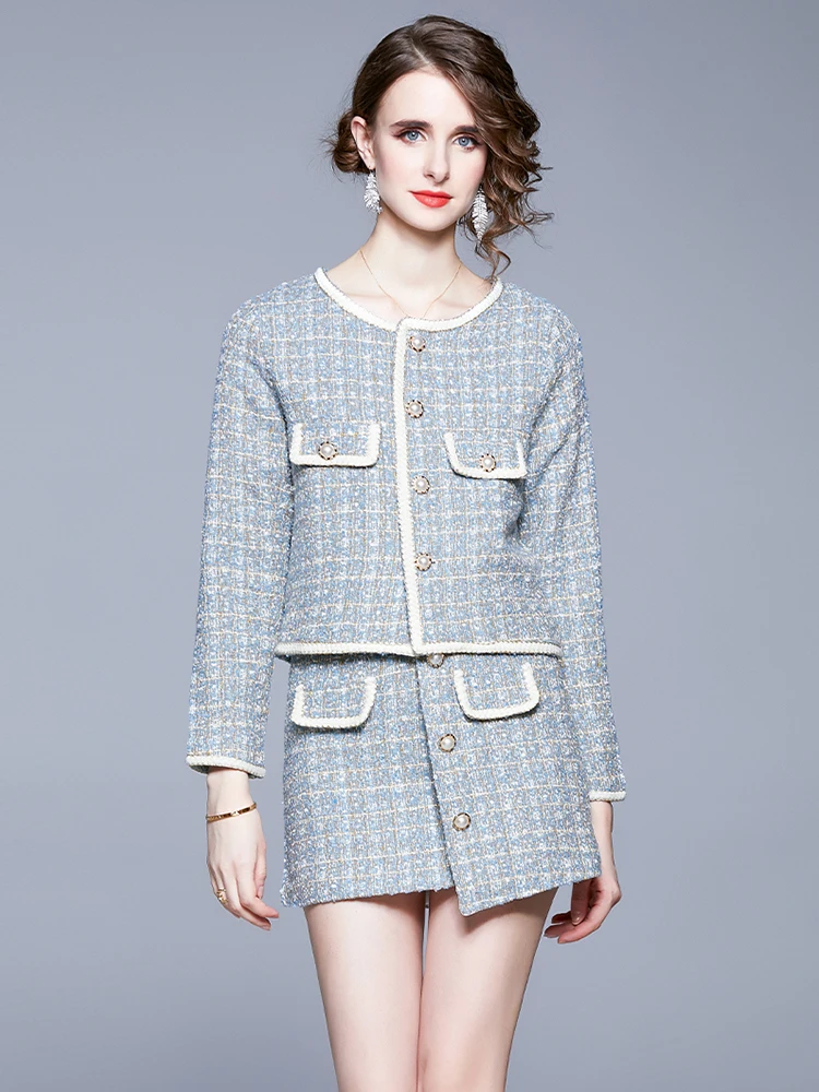

Blazer Mini Skirts Suits Women Plaid Short Two Piece Set Autumn Blue Slim Tweed Jacket Irregular Skirt Female Two-Piece Sets