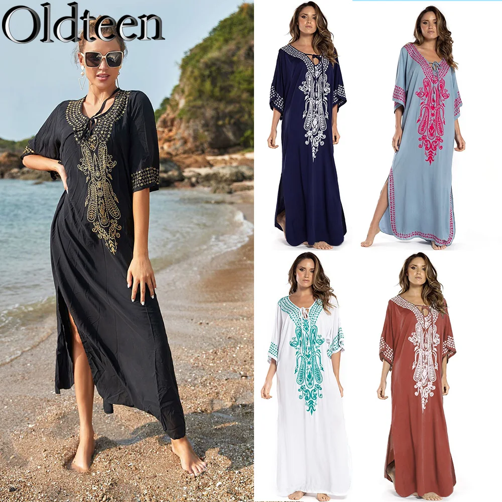 

2023 New Elegant Gold Embroidered Kaftan Retro V-neck White Dress Plus Size Women Clothes Summer Beach Wear Swim Suit Cover Up