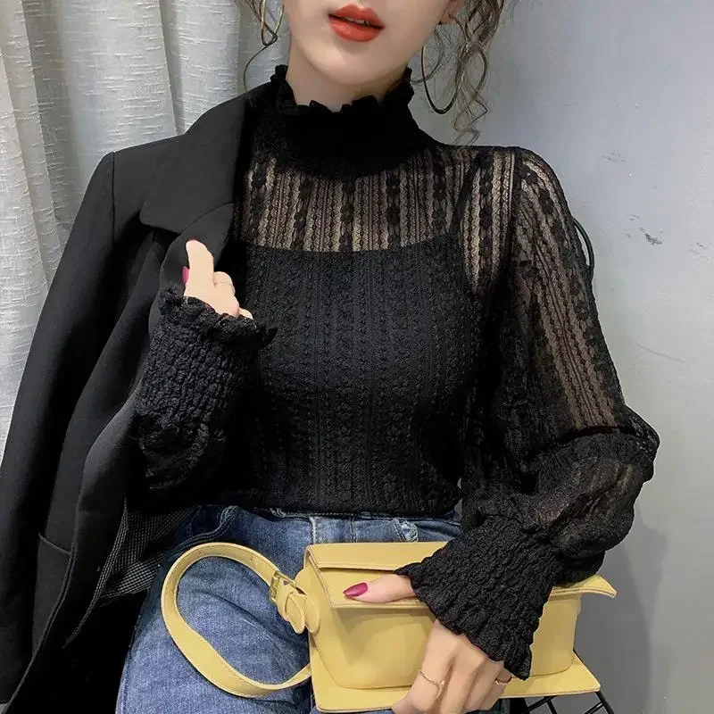 여성용 터틀넥 레이스 가을 겨울 긴 소매 메쉬 탑 블라우스 여성 Blusas Ropa De Mujer