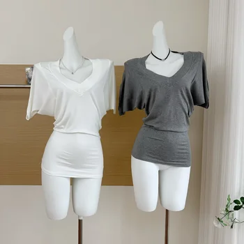 Women's Summer Batwing Sleeve V Neck Elastic Solid Color T Shirt Lady Casual Streetwear Pullover Short Sleeve Slim Tee Top 1