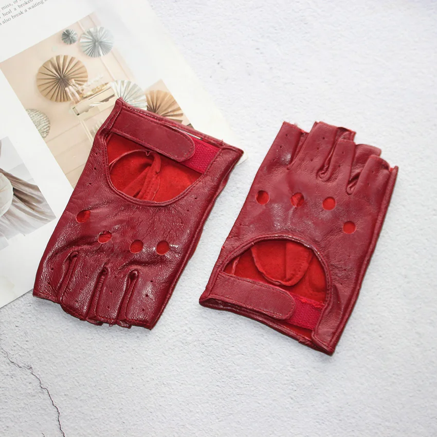 Leather Half Finger Gloves Women's Short Thin Section Unlined Spring and Autumn Motorcycle Riding Ladies Driving Fingerless