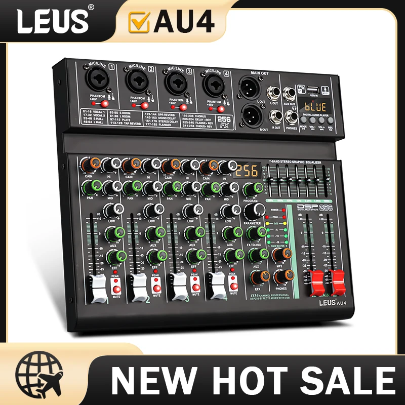 LEUS AU4 Channel 256 DSP Effect Audio Mixer Record PC 48V Phantom