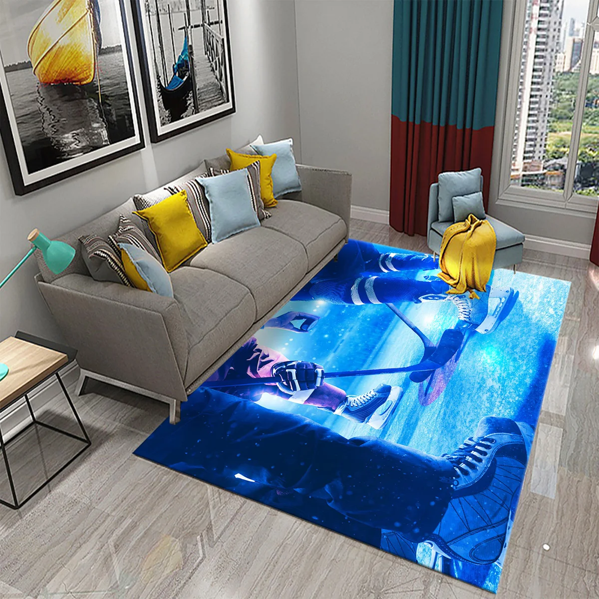 Ice Hockey Theme Carpet Winter Ball Sport for Living Room Bedroom Dining Bathroom Door Entrance Non-Slip Area Rug for Home Decor
