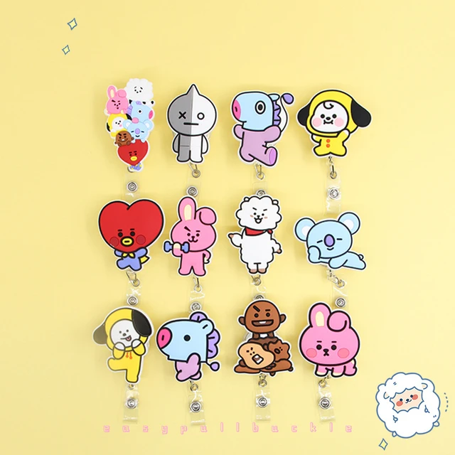 Fivela retrátil dos desenhos animados kawaii, Bt21 Anime, fácil de puxar,  cordão de crachá, conjunto de