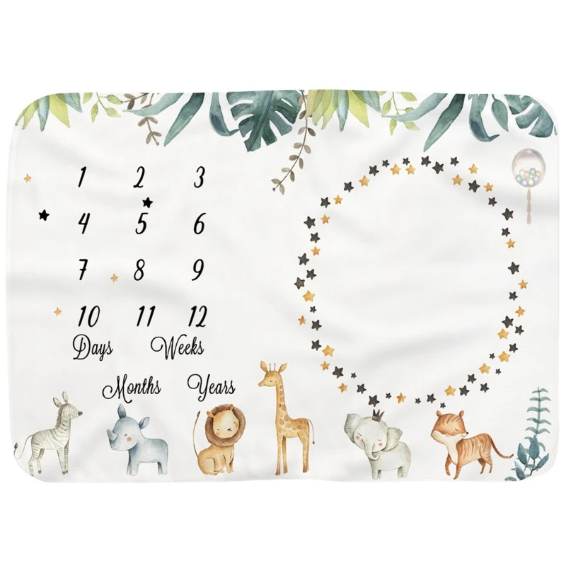 H3CD Baby Monthly Record Growth Milestone Blanket Newborn Soft Flannel Cartoon Animal Printed Swaddle Wrap Photography Props