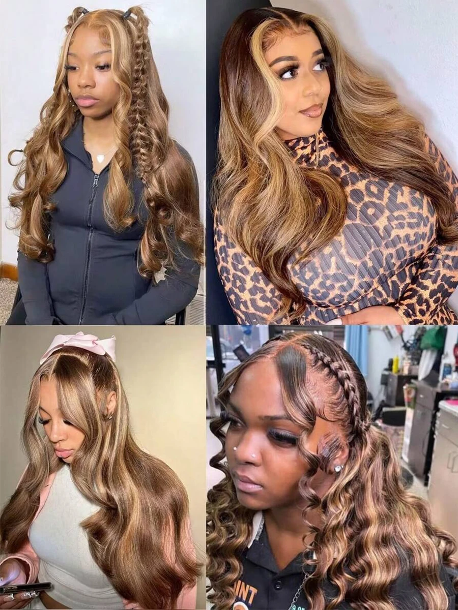 P4/27 Highlight Ombre Brown Body Wave 13x4 HD Lace Front Human Hair Wigs Honey Blonde Colored Pre Plucked Long Wigs For Women 6