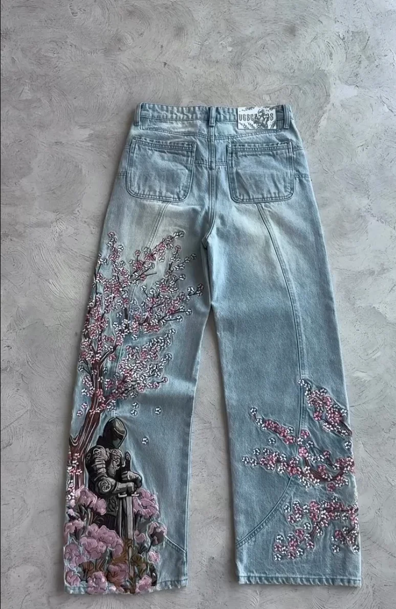 Y2k Vintage Baggy Cherry Blossom Knight Embroidery Jeans Fashion