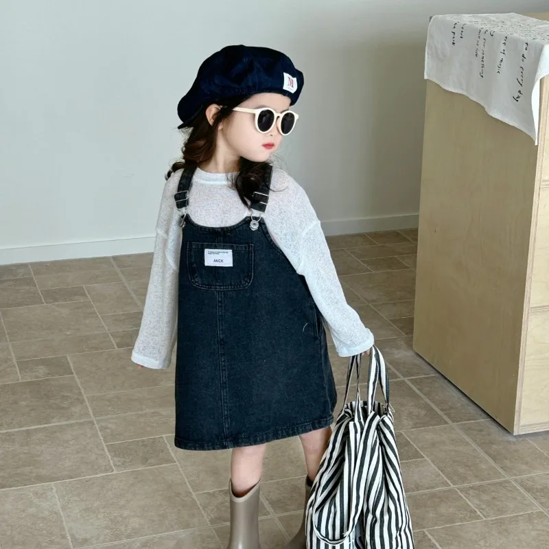 2024 Girls Spring Autumn One Piece Large Pocket Denim Strap Skirt Losoe Soft Fashion All-match Outdoor Sweet Lovely