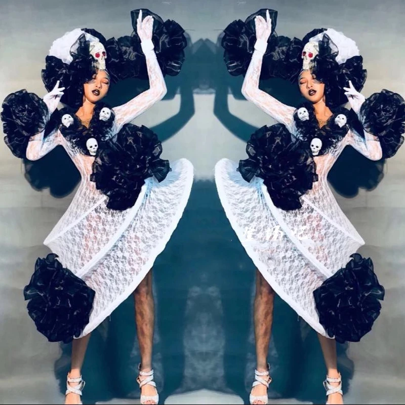 

Women Lace Huge Cake Skirt GoGo Black White Halloween Dress Singer Party Show Nightclub Rave Party Outfit