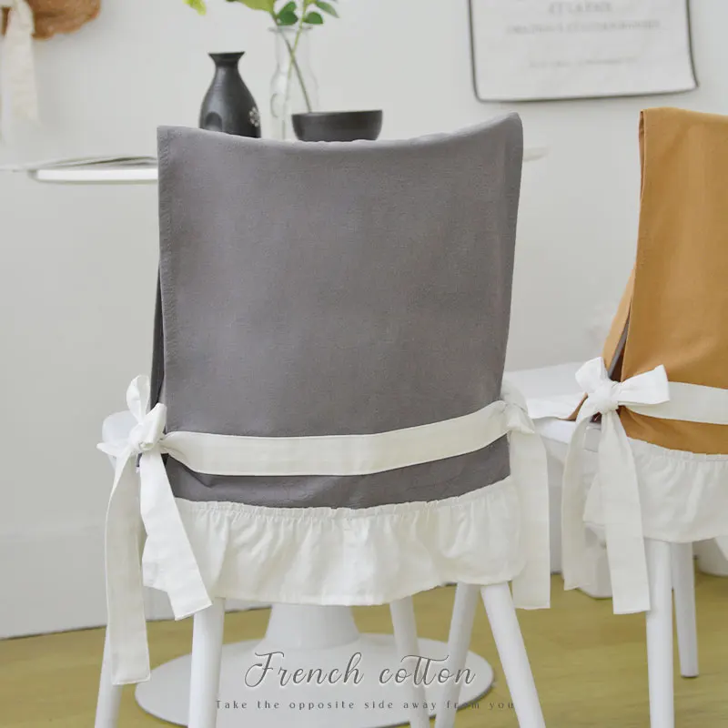 솔리드 컬러 프릴 에지 다이닝 의자 커버 스타일 아메리칸 빈티지 의자 백 커버 하프 세트 계절 유니버설 홈 섬유