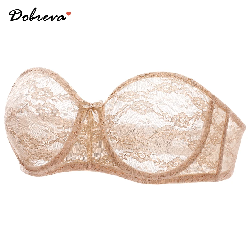 Dobreva Women's Sexy No Padding Strapless Lace Bra Underwire Multiway See-through No Padding Bralette