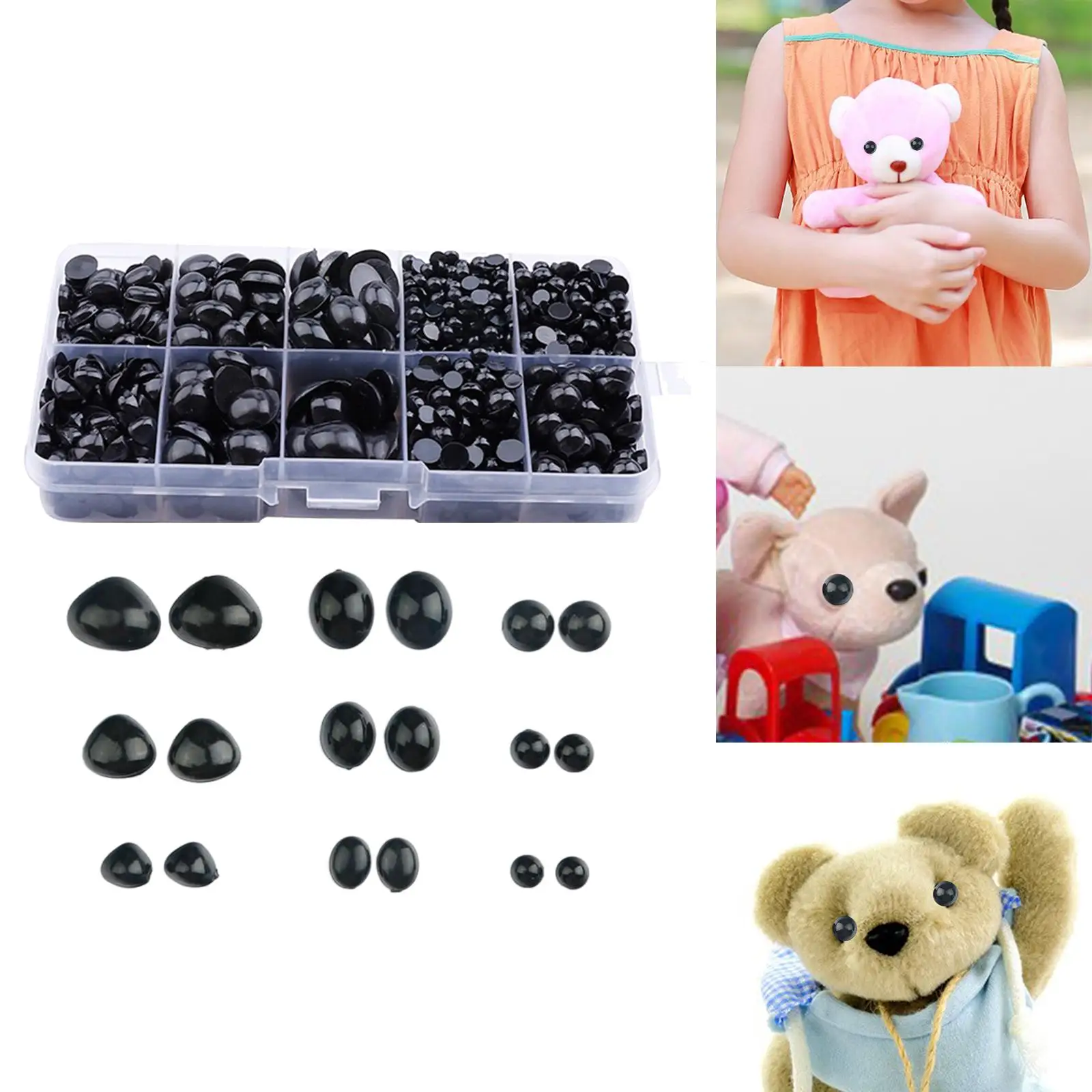 Craft Doll Eyes 1000Pcs Black Plastic Safety Eyes and Noses DIY Crafts Half Round Cabochons Flat Bottomed Eyes Craft Doll for Bear Puppet