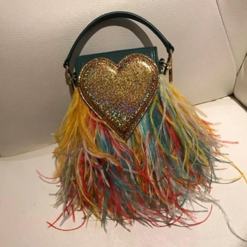 2022 Luxury Ostrich Feather Party Evening Clutch Bag Women Wedding Purses and Handbags Small Shoulder Chain Bag Designer Bag