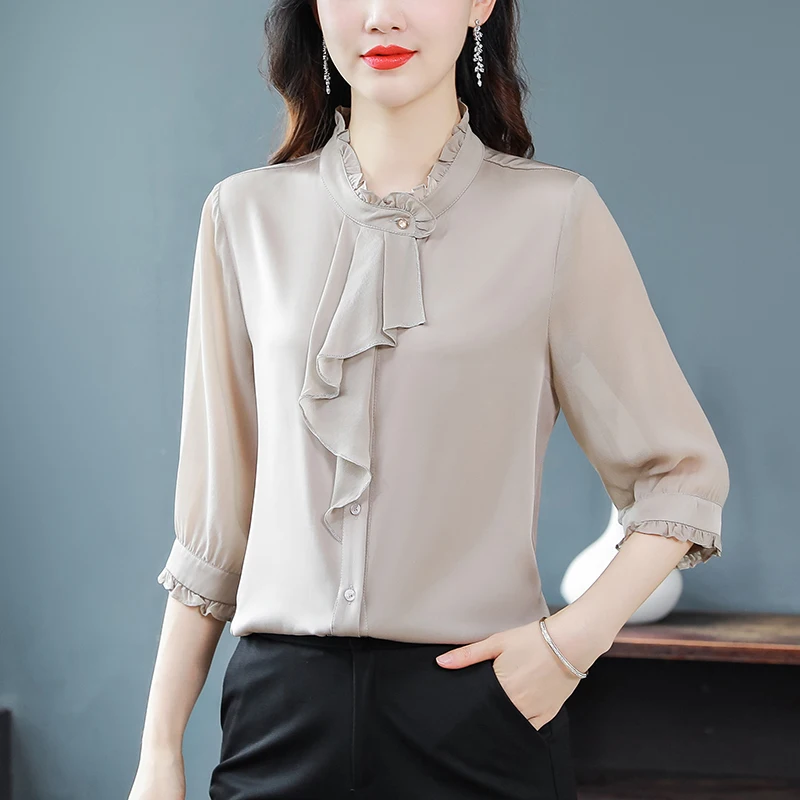 

Chiffon Female Tops 2023 Summer New Single-breasted Pure Color Middle-aged Mothers Loose Short Sleeve Shirt Womenswear T337