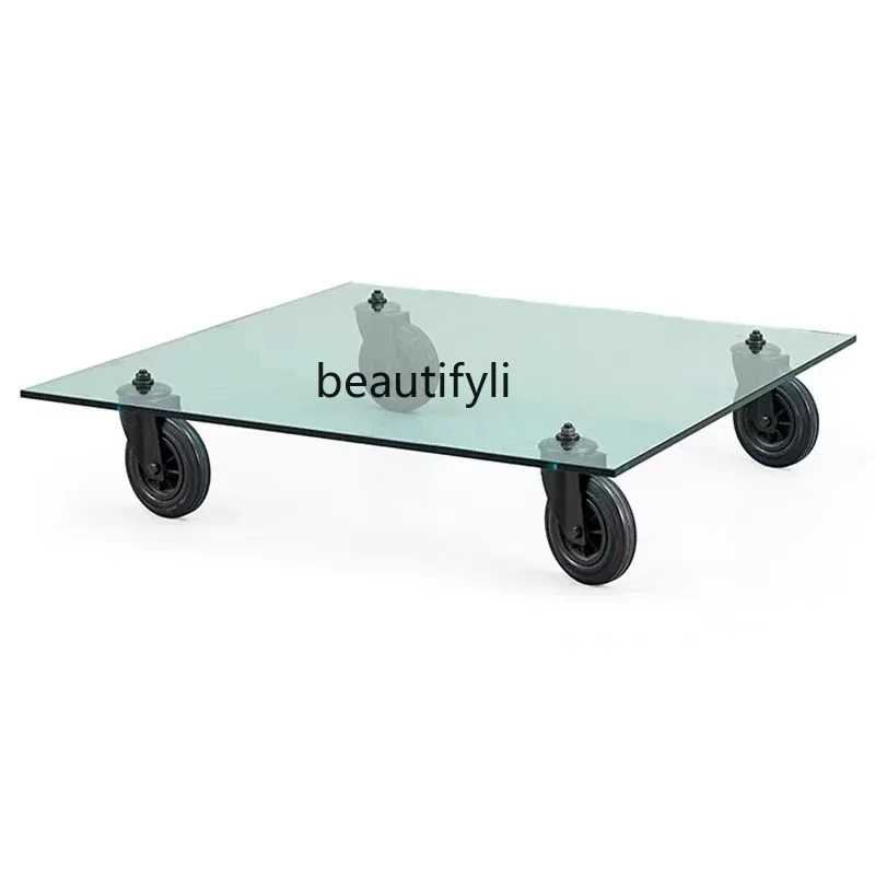 

Italian Wheel Tea Table Industrial Style Transparent Glass Rolling Walking Small Table