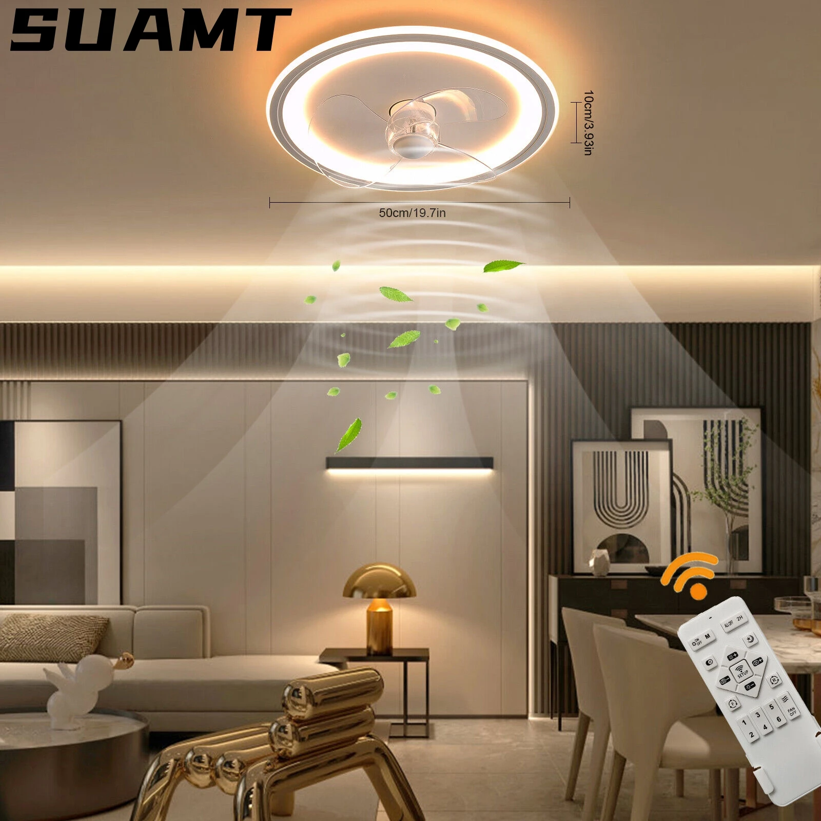 

White Ceiling Fan Light LED Remote Control 3 Color Dimmable Reversible 6 Wind speeds Invisible Blades Flush Mount Ceiling Lamp