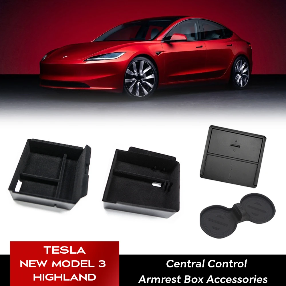 

For 2024 Tesla New Model 3 Highland Hidden Storage Box Car Center Console Armrest Front and Rear Flocking Layered Grid Organized