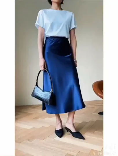 moda feminina saia linha de seda cintura alta saias elegantes verde azul longo verão saias coreano lado zíper escritório cetim saia