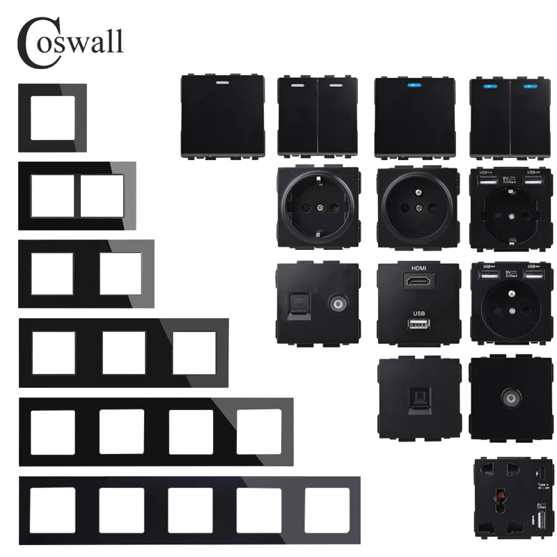 COSWALL Wall Switch Socket Module C1 Series, black glass panel EU French socket HDMI compatible USB charger female TV RJ4 modules DIY