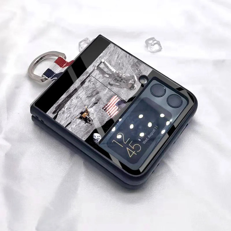 For Samsung Z Flip 3 5g Glass Back Cover Galaxy F7110 Protective Cover Z Flip 4 Folding Ring Buckle Bracket Case Zflip 3 Shell