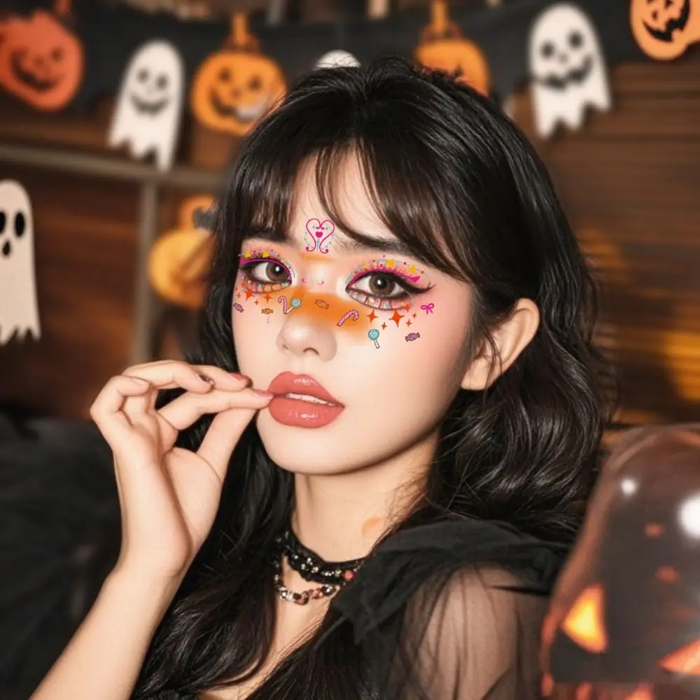 12pcs Disposable Halloween Face Tattoo Waterproof Long-acting Cheek Temporary Stickers Transparent Terrifying Bat Face Stickers