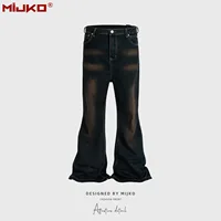 MIJKO Dark Blue Flared Jeans Men Women Straight Casual Baggy Denim Ribbons Washed Trousers Loose Cargo Pants 1
