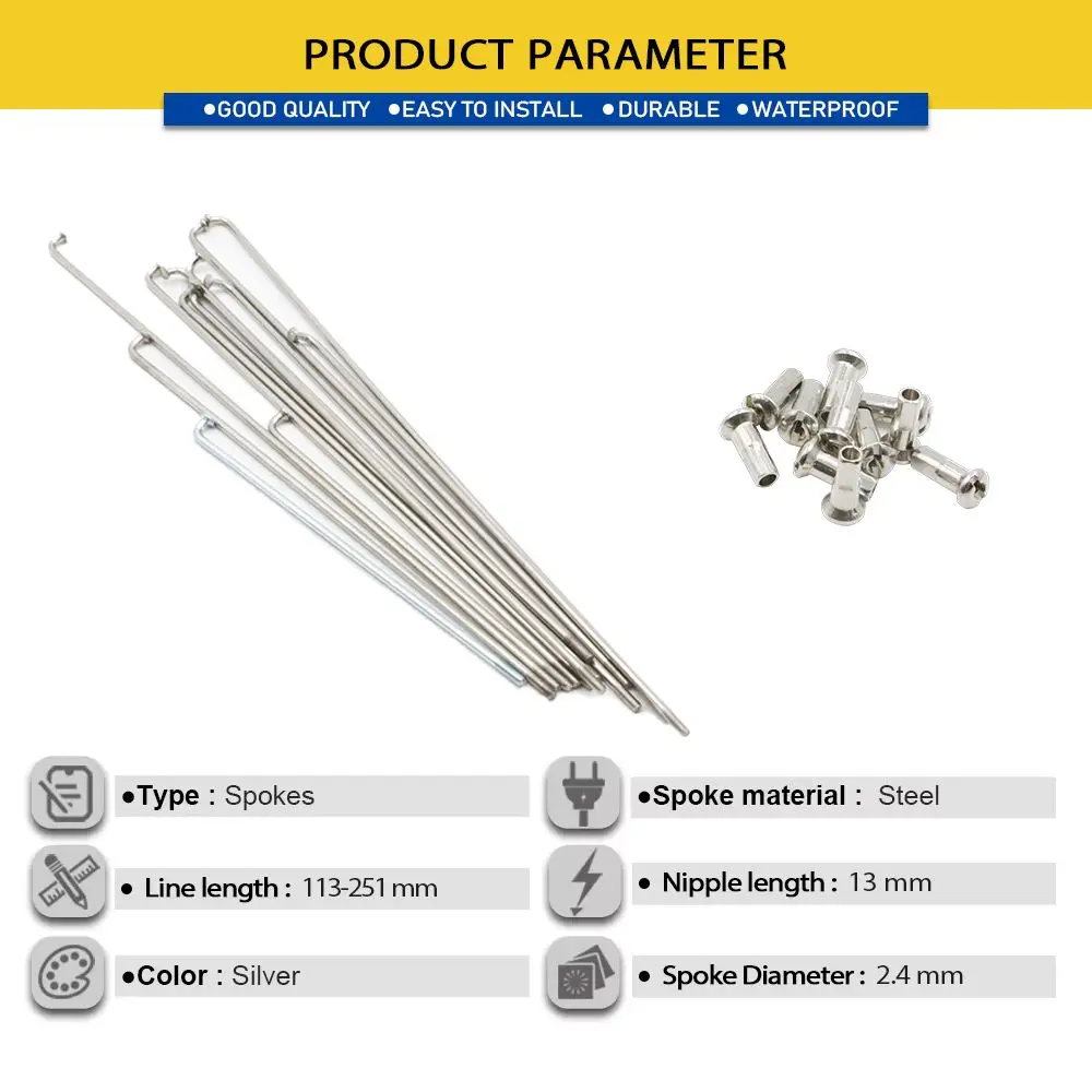 2PCS Electric Bike Spoke 12G 113-251MM Stainless Steel Bicycle Bike Accessories MTB Silvery Spoke with Nipple Outdoor Sports