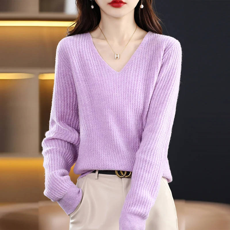 

Autumn Winter New Woolen Sweater Women's V-neck Slim Fit Long Sleeve Sweater Basic Versatile Chicken Heart Neck Knitted Pullover