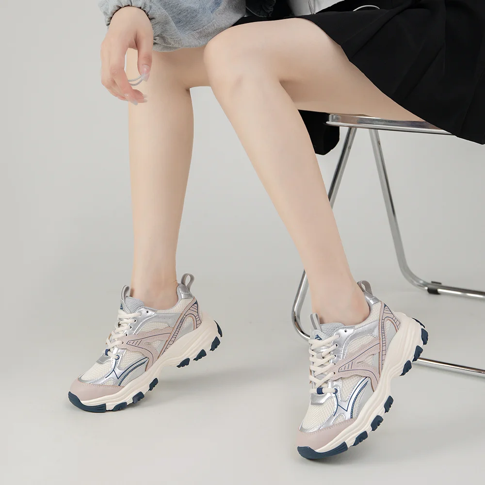 SOMILISS Women Platform Chunky Sneakers Genuine Leather Breathable Mesh Patchwork Comfortable Ladies Fashion Casual Shoes