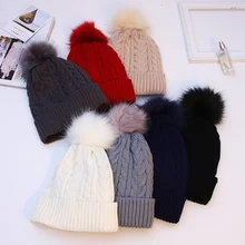 

Korean Autumn And Winter Fur Ball Beanies Skullies Thickening Plus Woolen Cap Double-Layer Outdoor Twist Hat Ladies Knit Hat