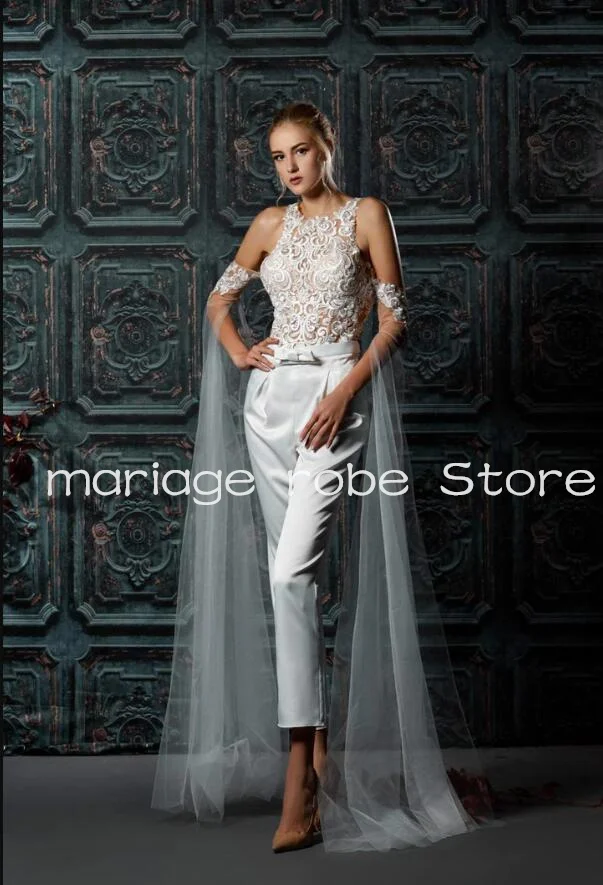 

Ржавый белый свадебный костюм, комбинезон, кружевное Пятнистое платье с рукавом, фата, длиной до щиколотки, пляжный костюм из искусственных брюк