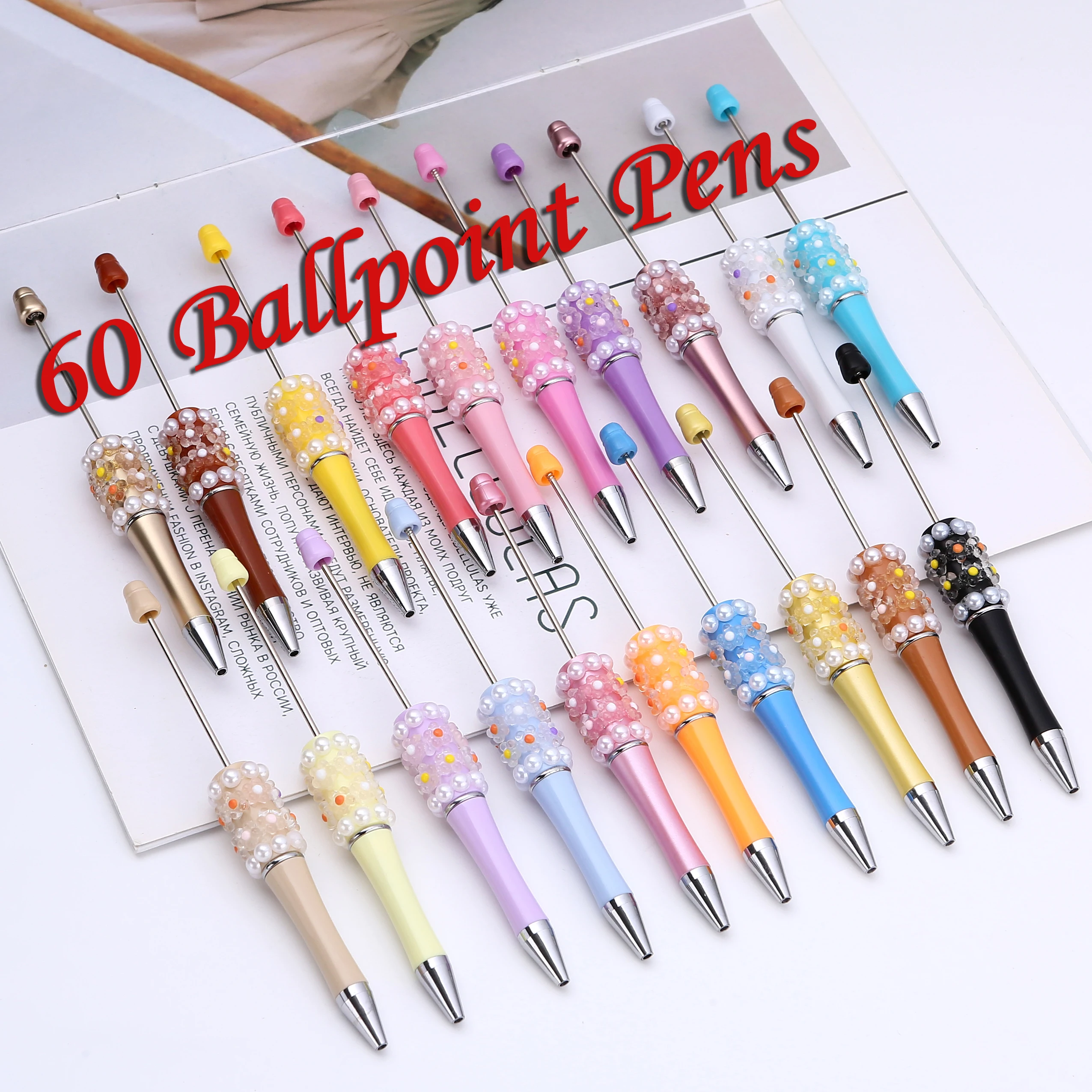 

60Pcs Newest Colour Creative Plastic Beaded Pen Flower Pearl Beaded Pen DIY Gift for Student Office Supplies