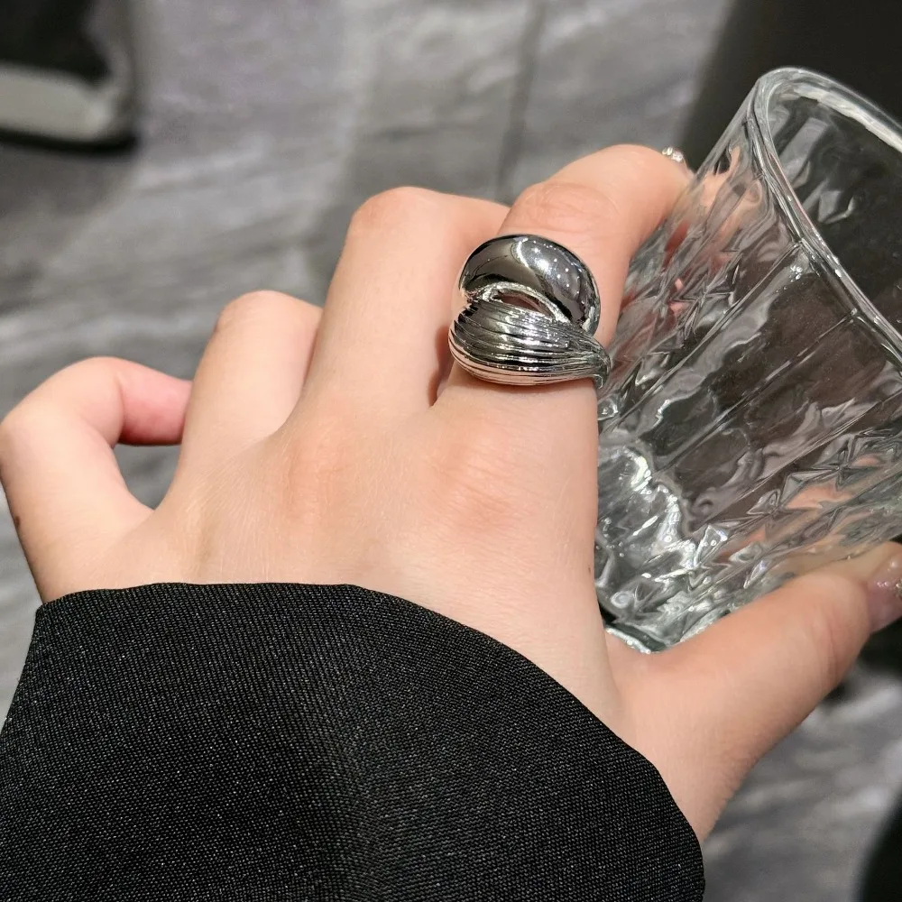 Vintage Texture Stripe Water Drop Stainless Steel Ring Waterproof Adjustable Hollow Out Open Ring Trendy Jewelry Creative Gift