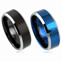Fashion 8MM Stainless Steel Men's Black Blue Brushed Silver Edge Ring Men's Tricolor Grooved Meteorite Brushed Ring Wedding Ring