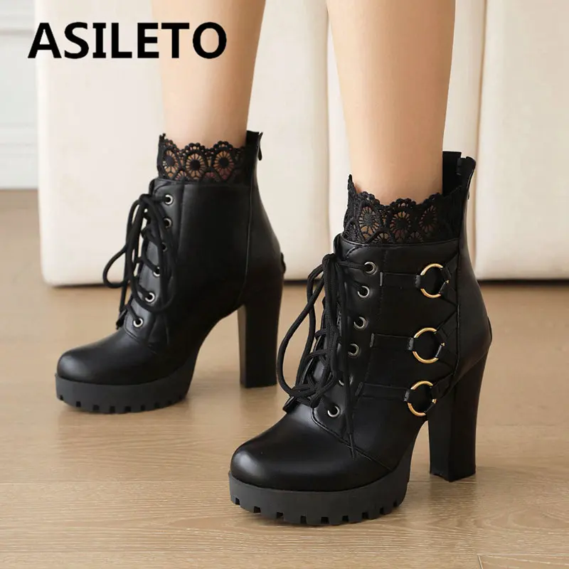 

ASILETO Women Ankle Boots Round Toe High Heel 10cm Platform 2.5cm Zipper Lace Up Metal Decoration Mature Dating Booty 41 42 43