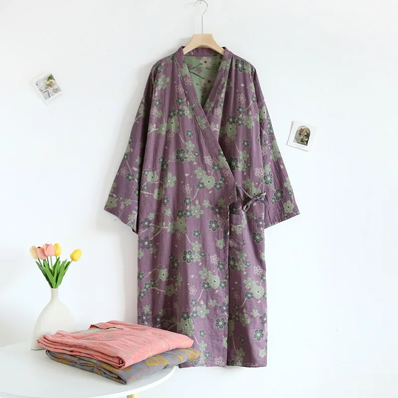 Spring Autumn Women's Cotton Double Sided Jacquard Kimono Robes Nightgowns Loose Size Comfortable Home Bathrobe