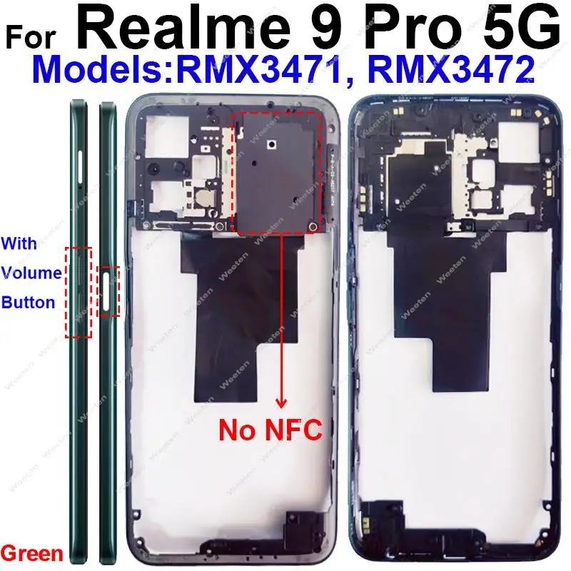 Realme 9 Pro RMX3471 RMX3472 후면 커버 배터리 도어 하우징 베젤, 측면 버튼, 흑연 종이 부품