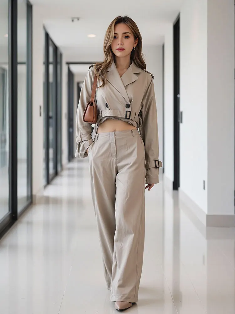 HH Women Fashion Trench Outwear With Belt Vintage Solid Notched Neck Long Sleeve Jacket Spring Lady Streetwear Chic Coat