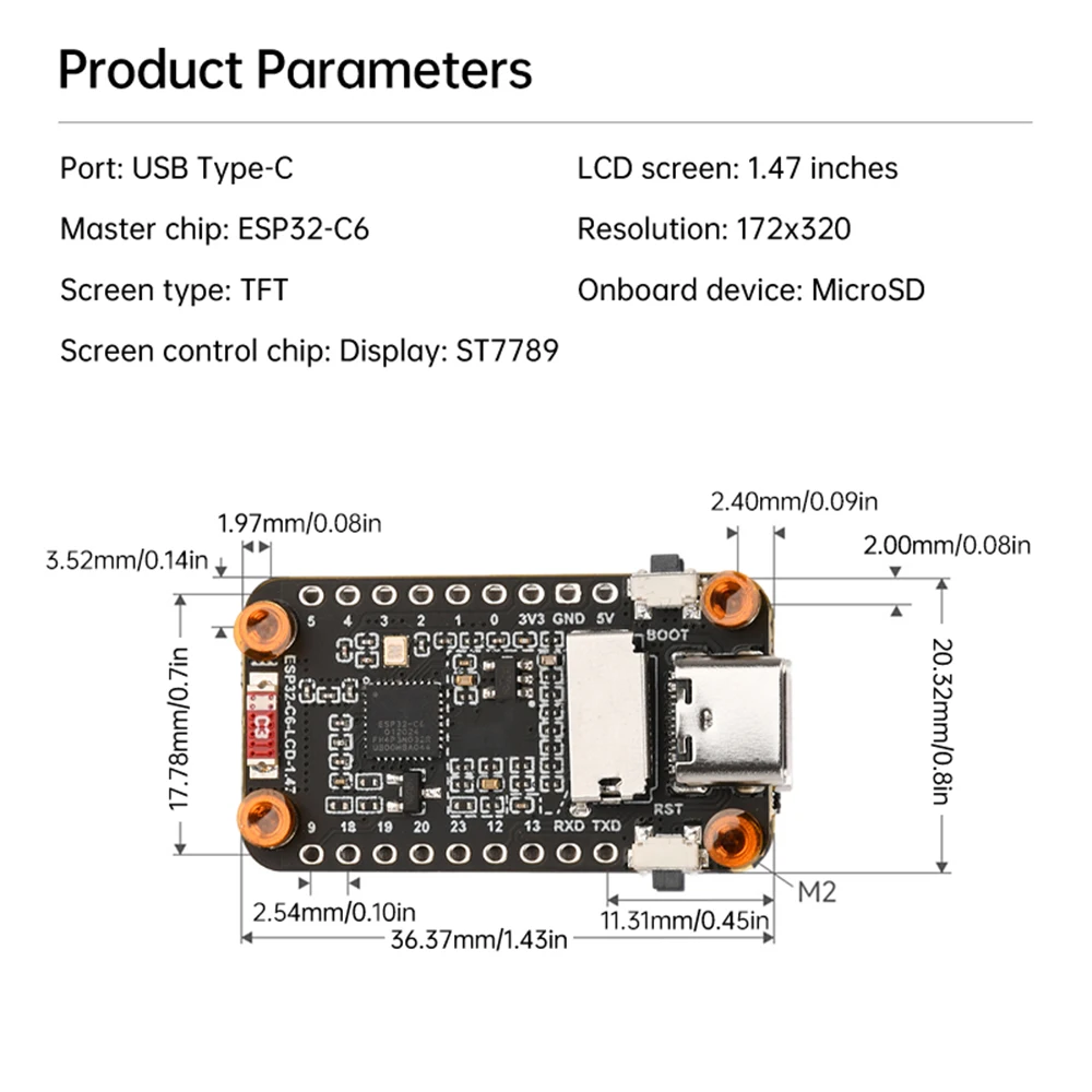 Access Panel Esp32-C6 1.47-Inch Lcd Screen Development Board Wifi 6 Bluetooth 5 Onboard Rgb Color Led Type-C Interface