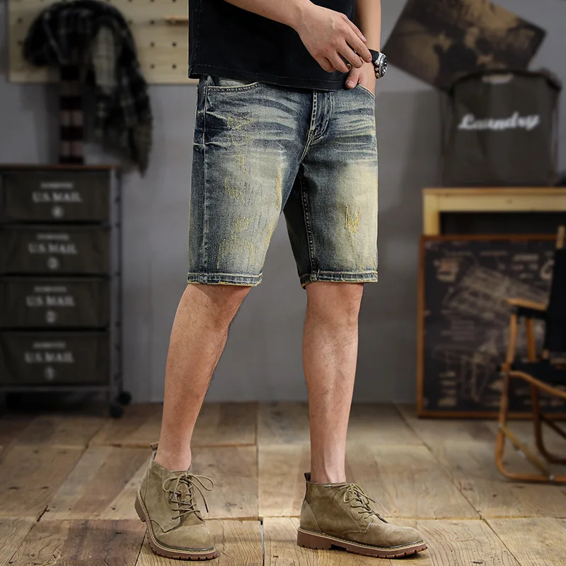 

Retro Washed Denim Shorts Men's Summer 2024 New Fashion Brand Instagram Cat Old Color Stretch Motorcycle Shorts