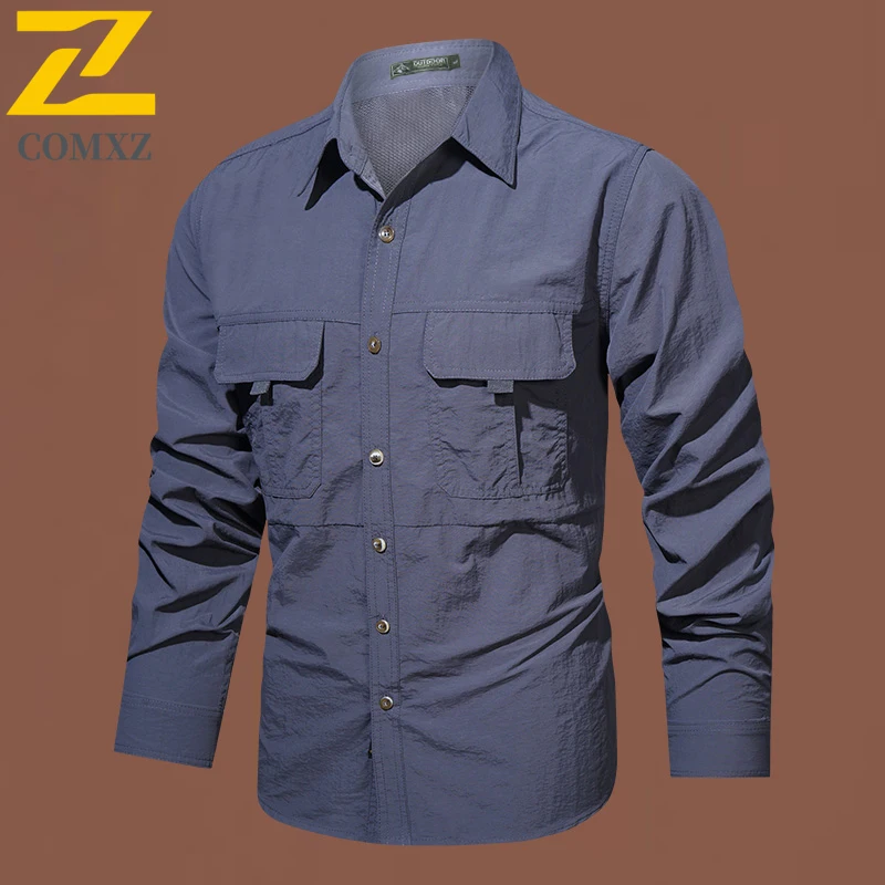 2025 New Men Tactical Shirt Long Sleeve Quick Dry Breathable Multi Pocket Outdoor Hiking Coat Thin Lightweight Camping Clothing
