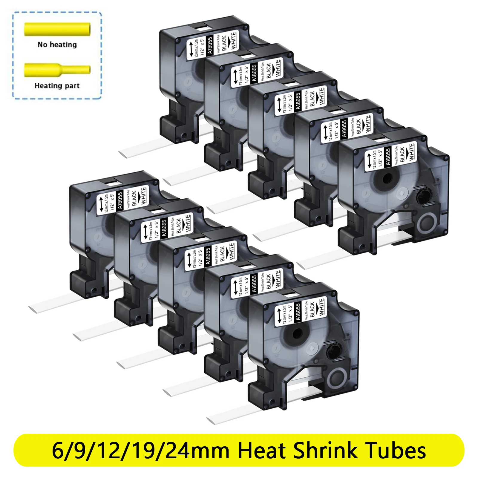 

10PK Black on White/Yellow Heat Shrink Tube Tapes for Dymo 6/9/12/19/24mm 18055 18056 18057 18058 Label Tape for Rhino 4200 5200